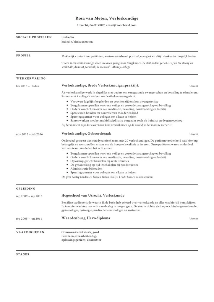 Verloskundige CV Voorbeeld pdf