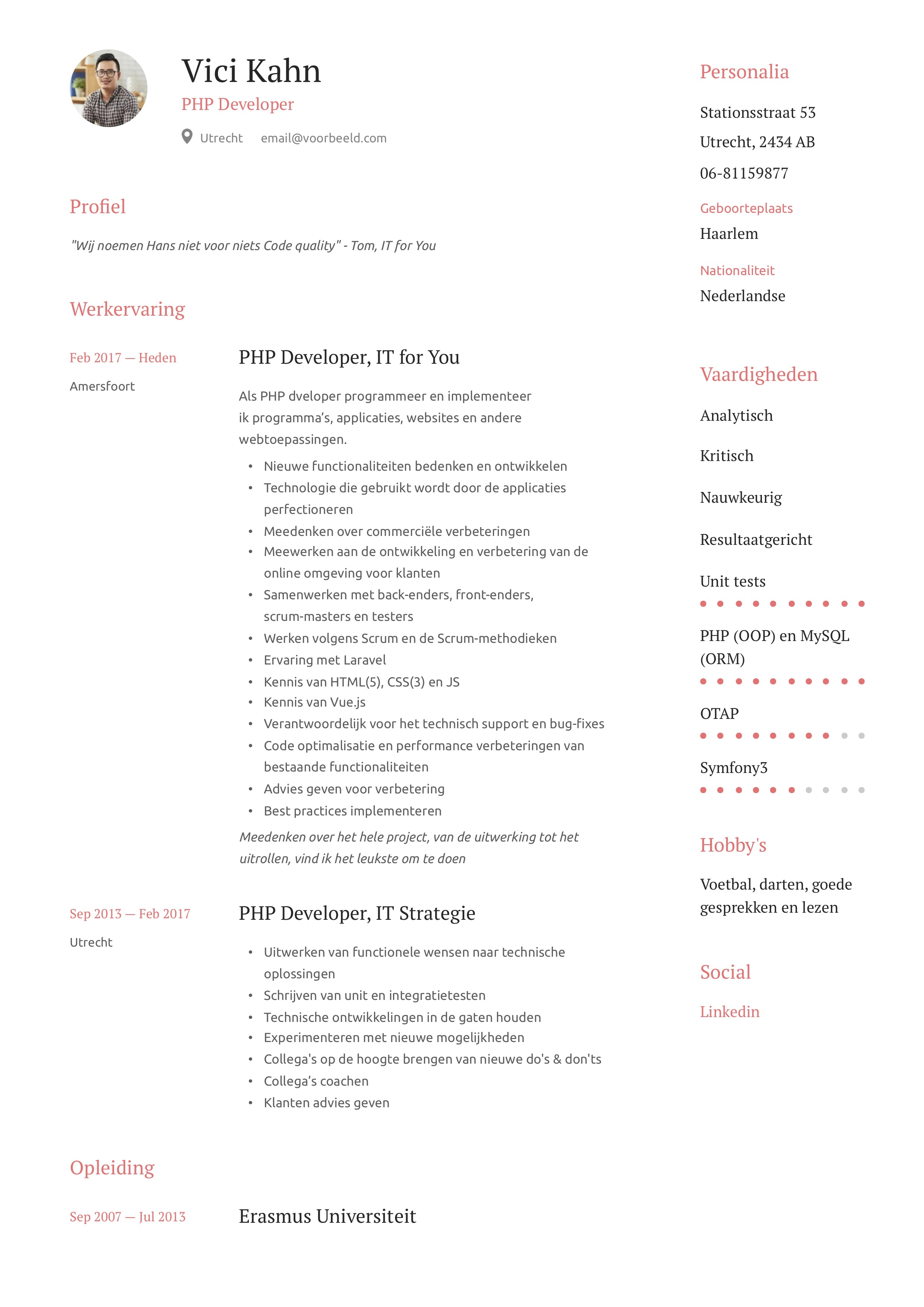 PHP developer CV Voorbeeld