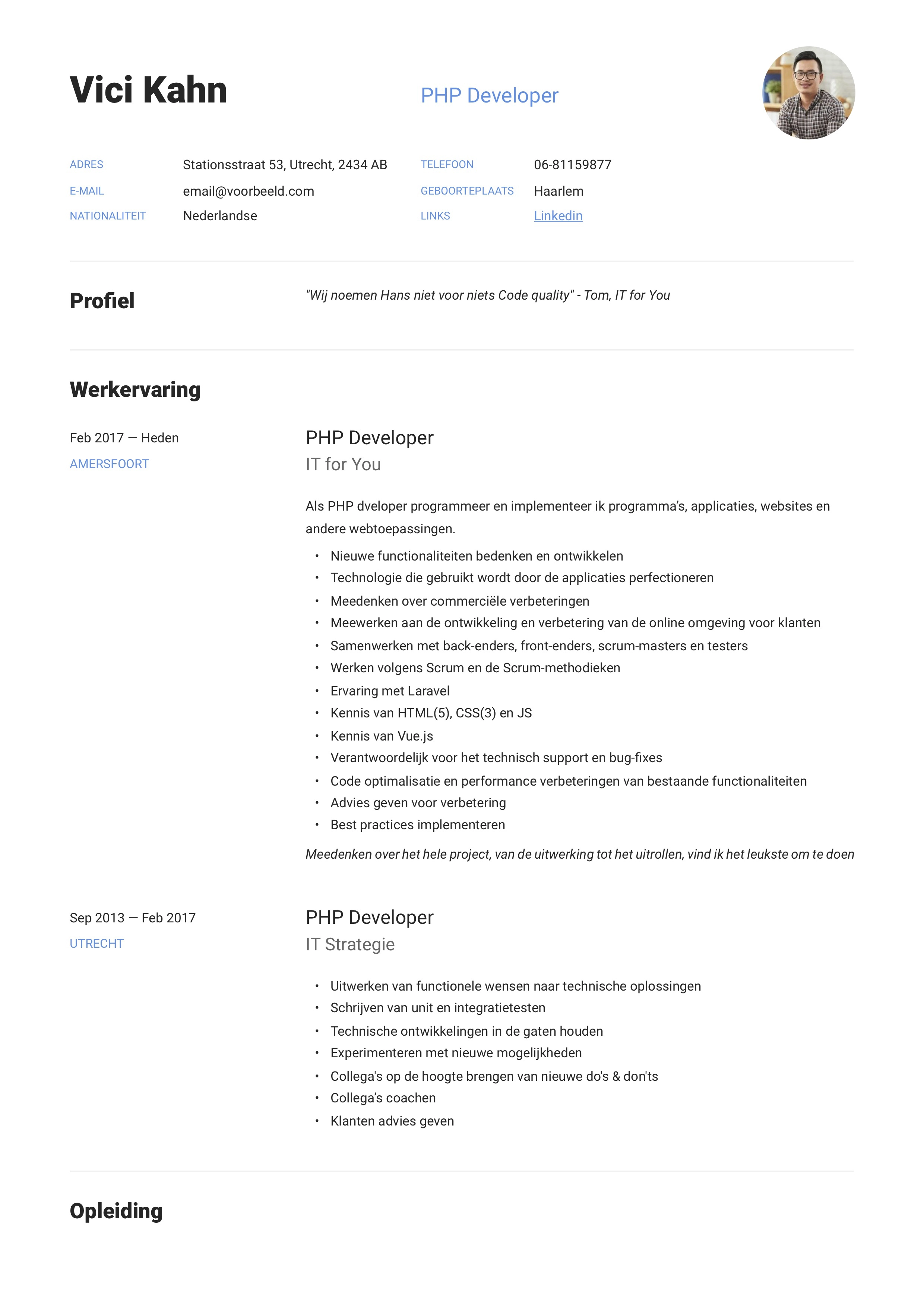 PHP developer CV Voorbeeld
