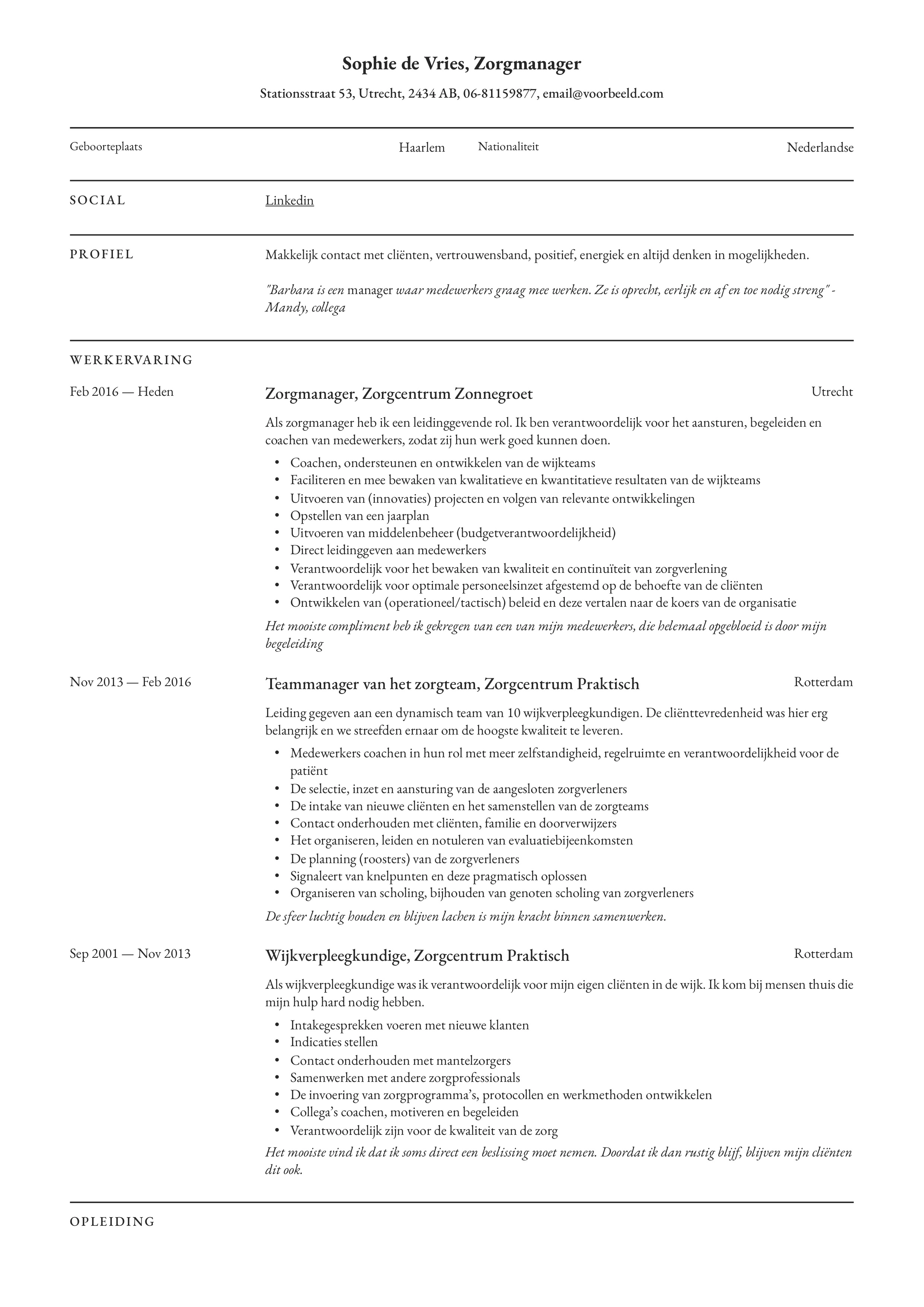 CV Voorbeeld Zorgmanager/ Zorgteamleider
