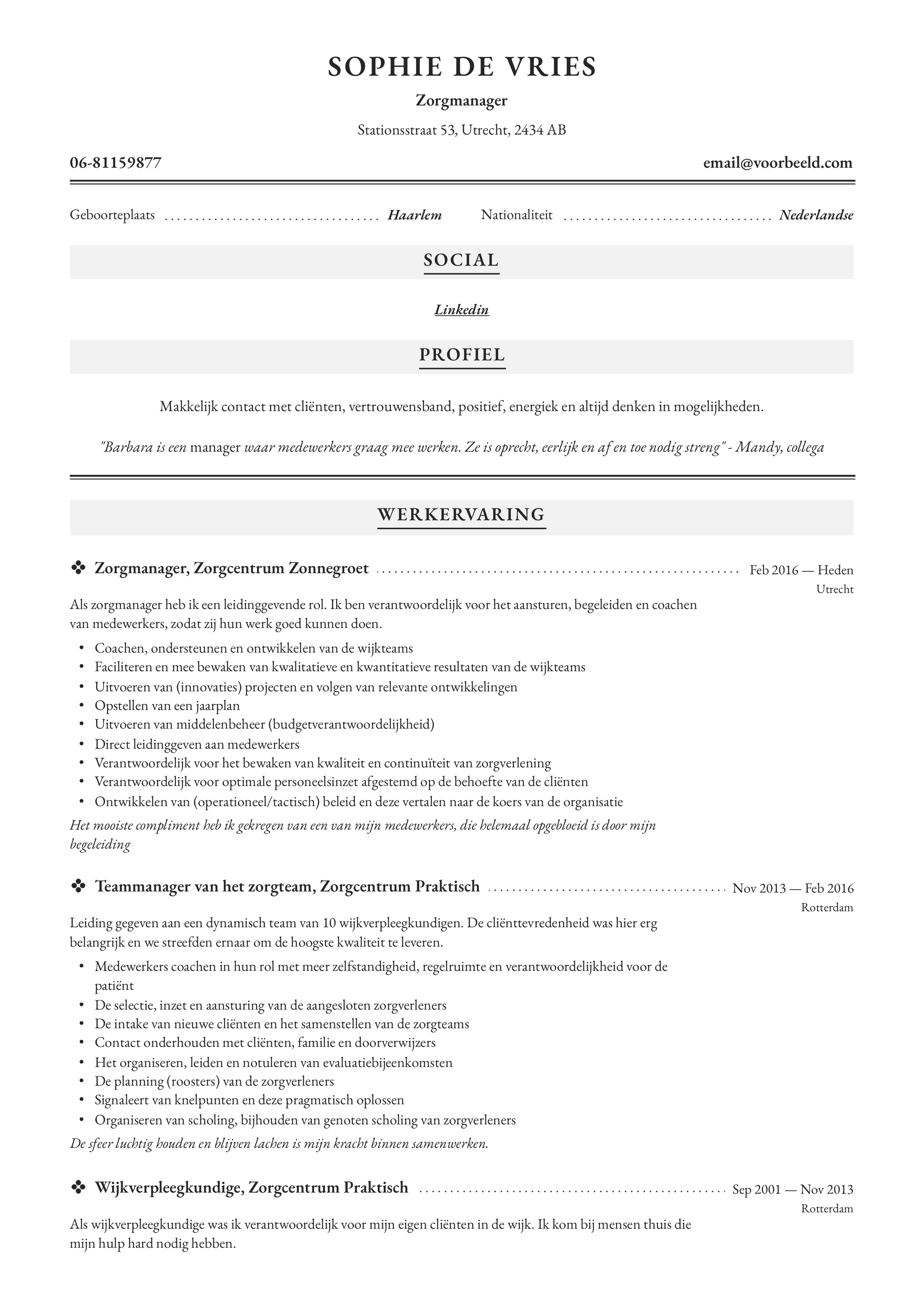 Zorgmanager/ Zorgteamleider CV Voorbeeld