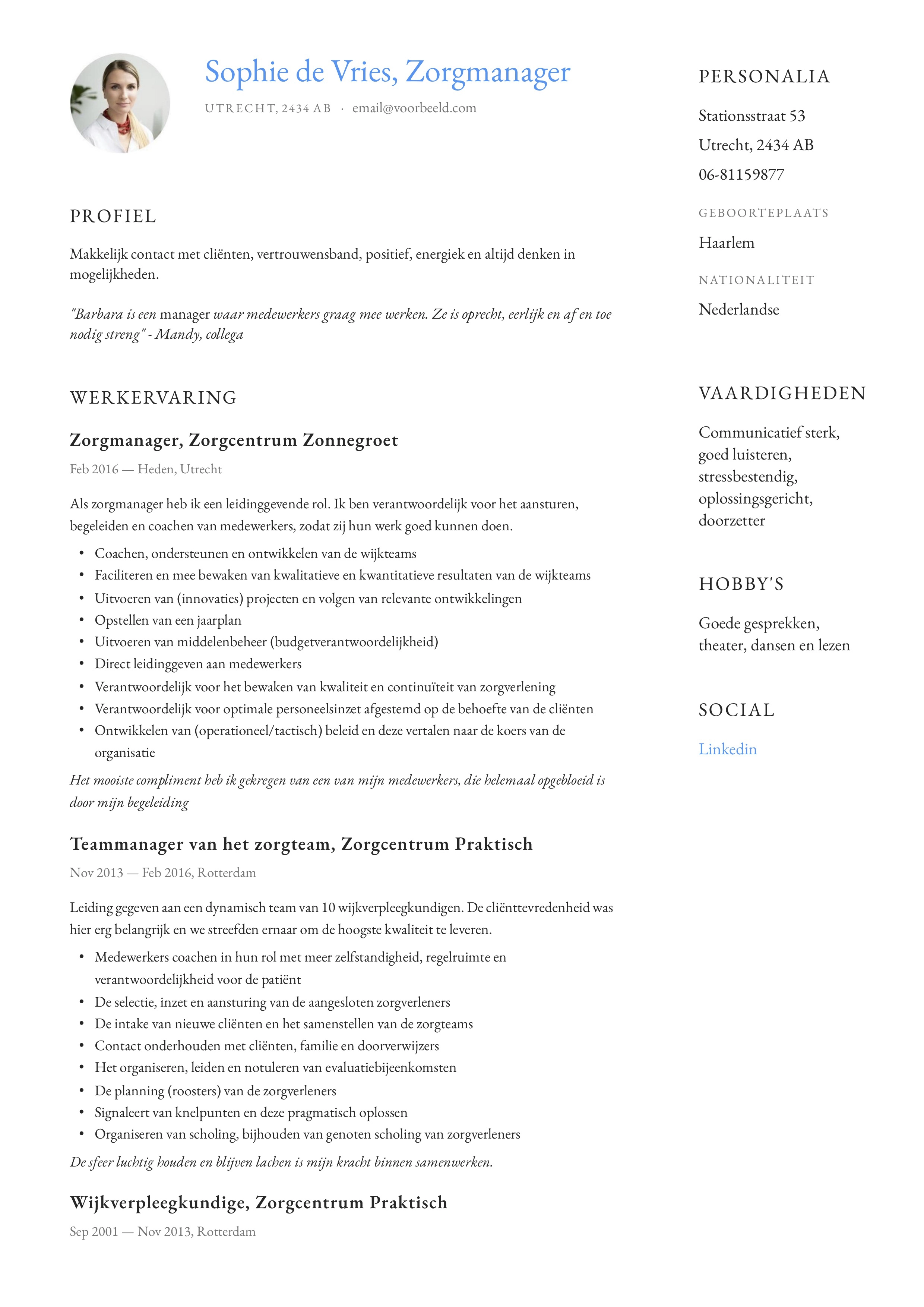 CV Voorbeeld Zorgmanager/ Zorgteamleider