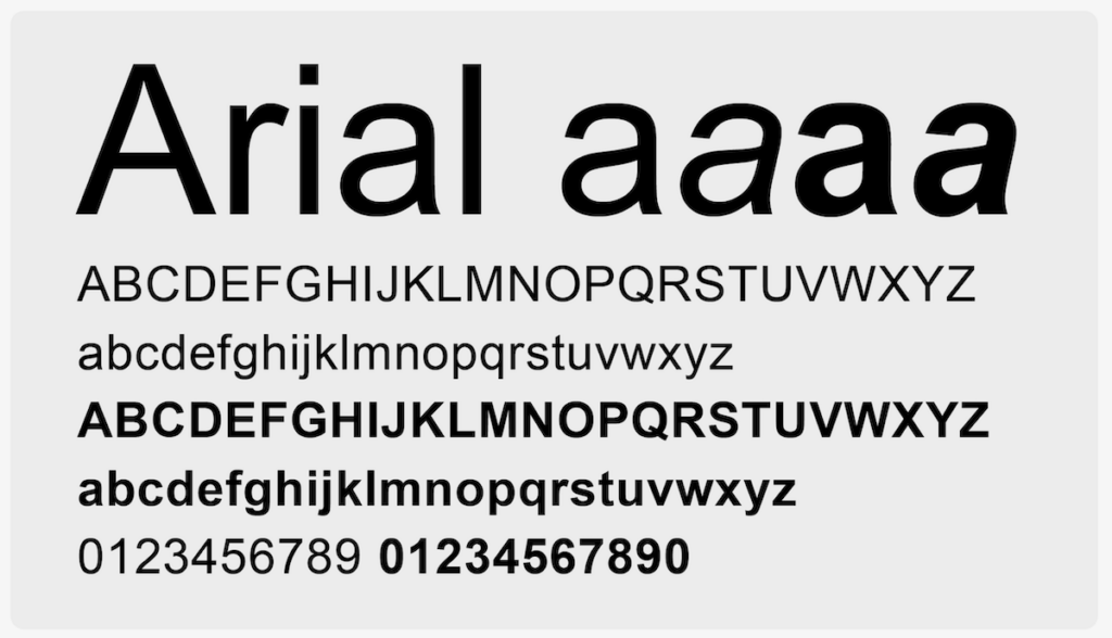 Arial cv lettertype voorbeeld alle letters, getallen en iconen