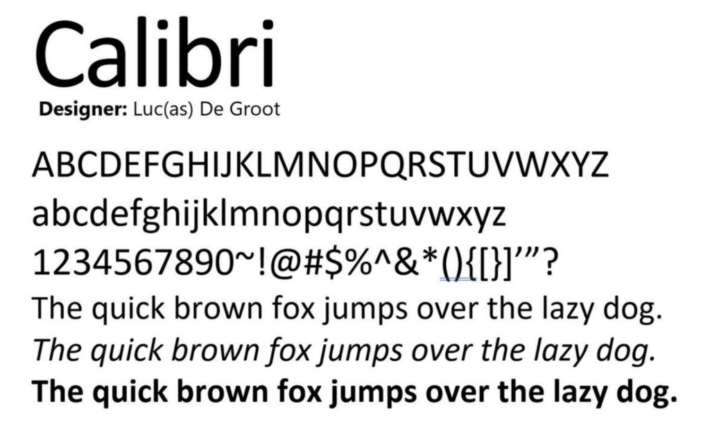 Calibri cv lettertype voorbeeld alle letters, getallen en iconen
